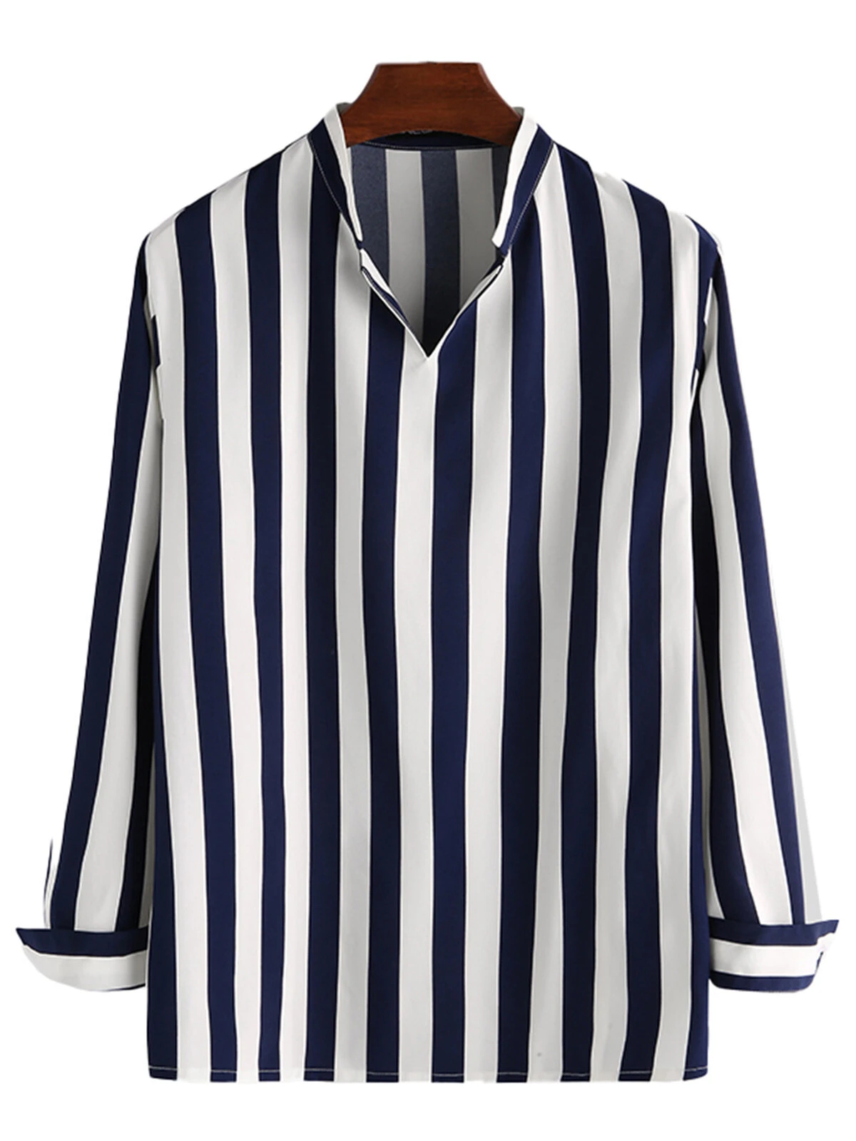 Men's Stand Collar V-neck Striped Shirts 5 Men's Stand Collar V-neck Striped Shirts - Image 3