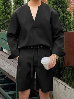 Mens Solid Texture V-Neck Casual Two Pieces Outfits -Incerun Shop 915afa76 07da 4dd2 8cf6 4b5184901ed5