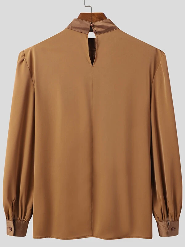 Men Pleated High Neck Long Sleeve Shirt 6 Men Pleated High Neck Long Sleeve Shirt - Image 4