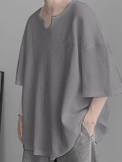 Mens Waffle Knit Notched Neck Drop Shoulder Loose T-Shirt -Incerun Shop 9216dd99 4926 48e3 84c8 456cac8bc8d0