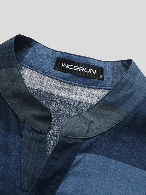 Mens Stand Collar Plaid Short-sleeved Shirt 9 Mens Stand Collar Plaid Short-sleeved Shirt - Image 7