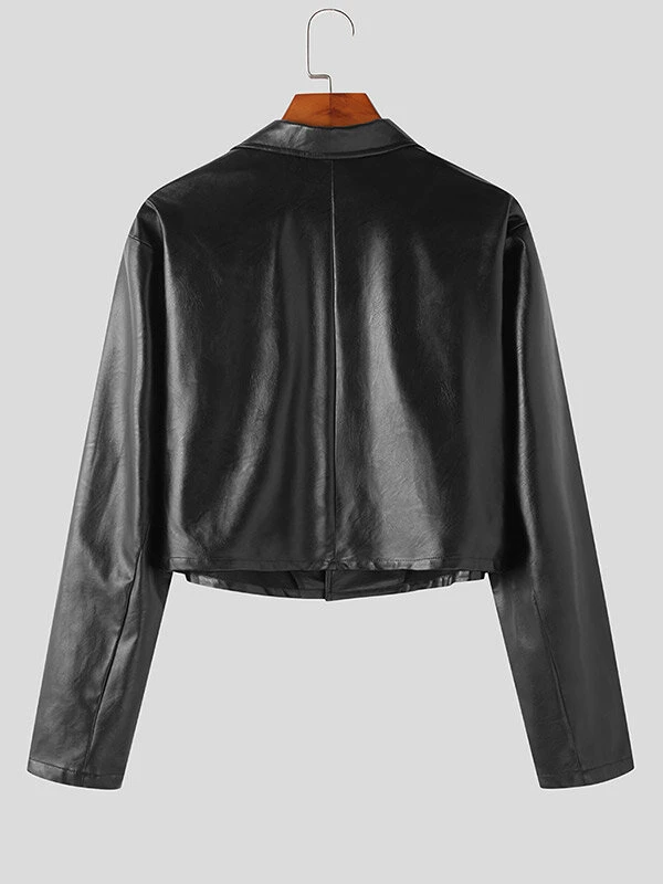 Mens Solid Lapel Faux Leather Casual Crop Blazer 5 Mens Solid Lapel Faux Leather Casual Crop Blazer - Image 3