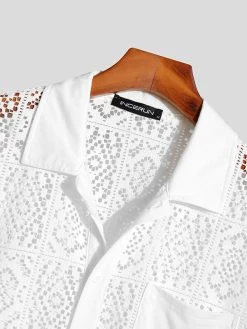 Mens Floral Lace Crochet Lapel Short Sleeve Shirt -Incerun Shop 937f1686 bda1 4bfb 9ee7 ce57ab91b4a0
