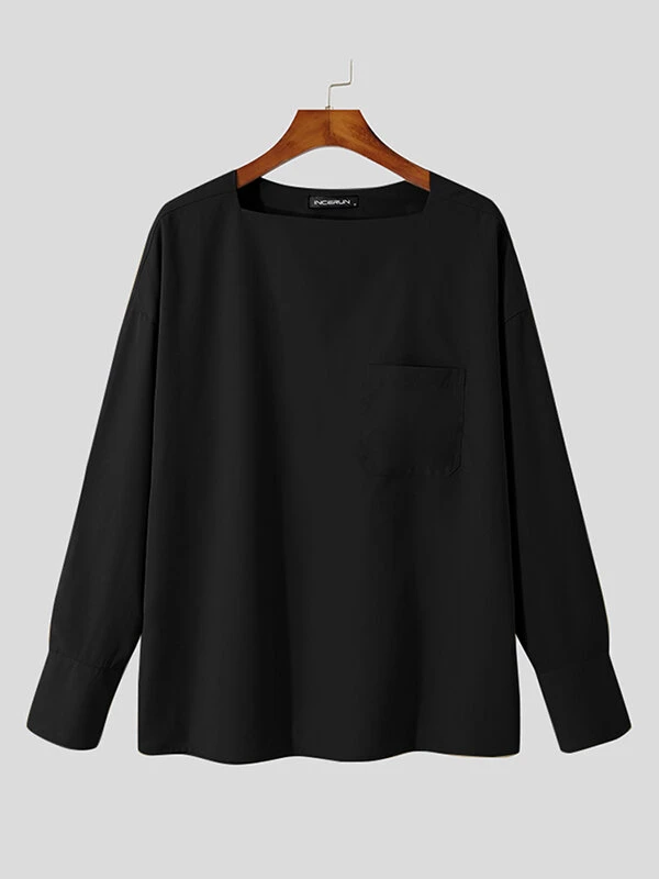 Mens One-Line Neck Pocket Loose Shirt 9 Mens One-Line Neck Pocket Loose Shirt - Image 7