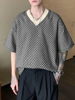 Mens Allover Print Contrast V-Neck T-shirt