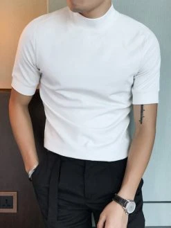 Mens Solid High Neck Knit Casual Short Sleeve T-Shirt -Incerun Shop 950fa52b 113c 4e51 8128 052e4eba2e9a