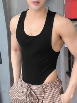 Mens Solid Scoop Neck Knit Sleeveless Bodysuit