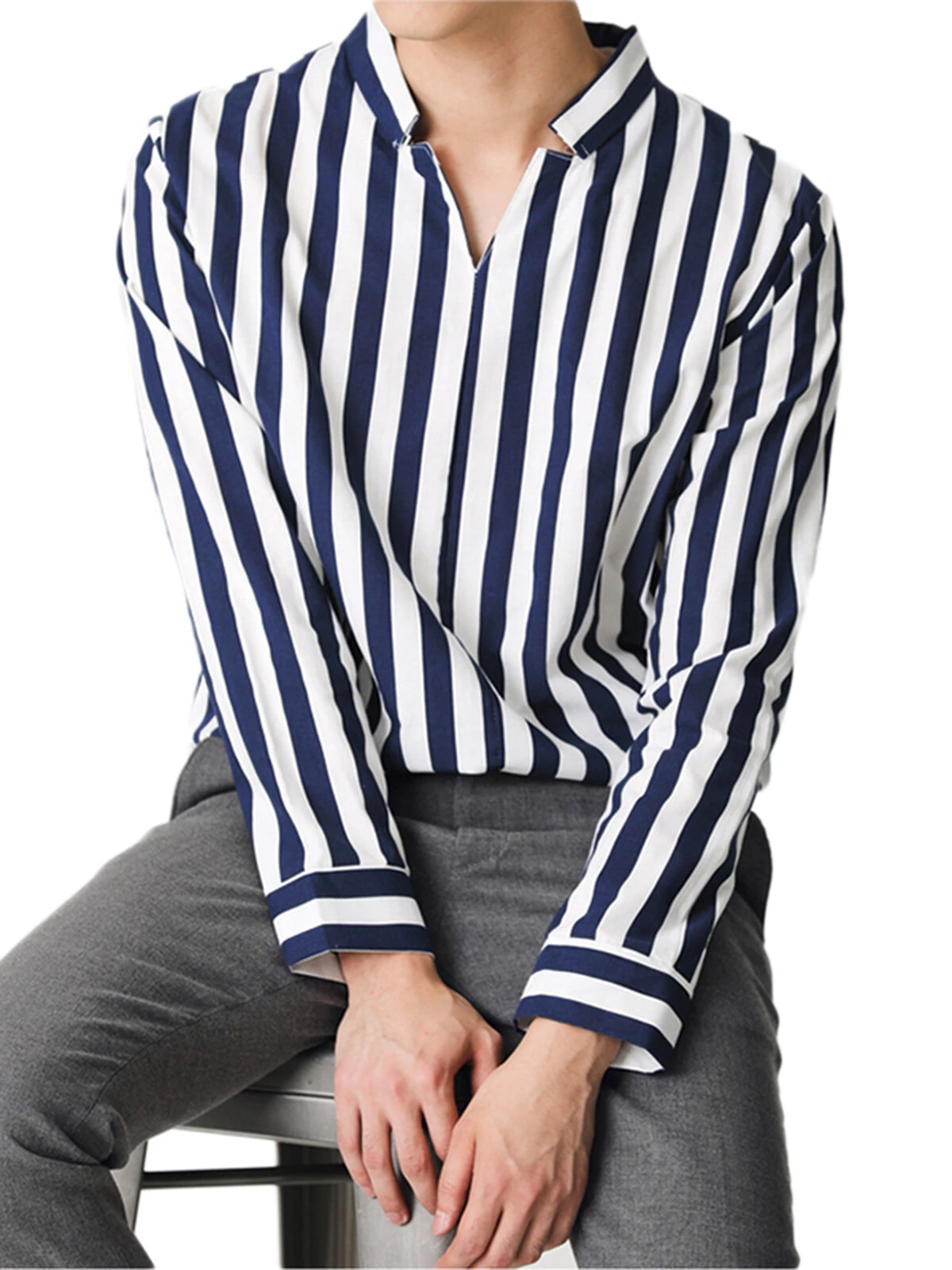 Men's Stand Collar V-neck Striped Shirts 3 Men's Stand Collar V-neck Striped Shirts