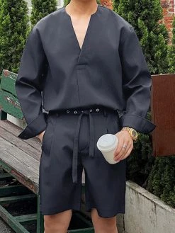 Mens Solid Texture V-Neck Casual Two Pieces Outfits -Incerun Shop 96ffe96f 8d3a 4c09 9640 43ead61ad754