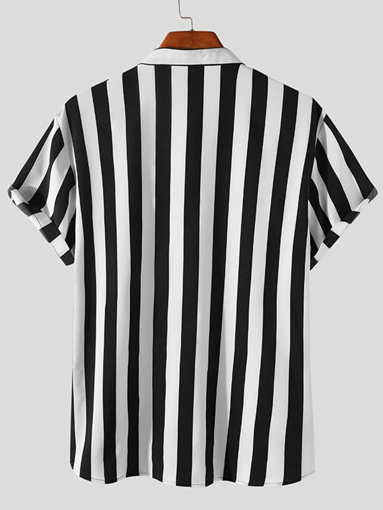 Men Vintage Stand-up Collar Short Sleeve Striped Shirt 4 Men Vintage Stand-up Collar Short Sleeve Striped Shirt - Image 2