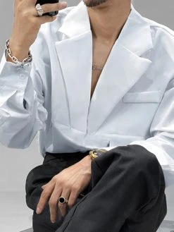 Mens Large Lapel Patchwork Long Sleeve Shirts