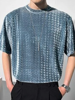Mens Velvet Texture Crew Neck Loose Short Sleeve T-Shirt