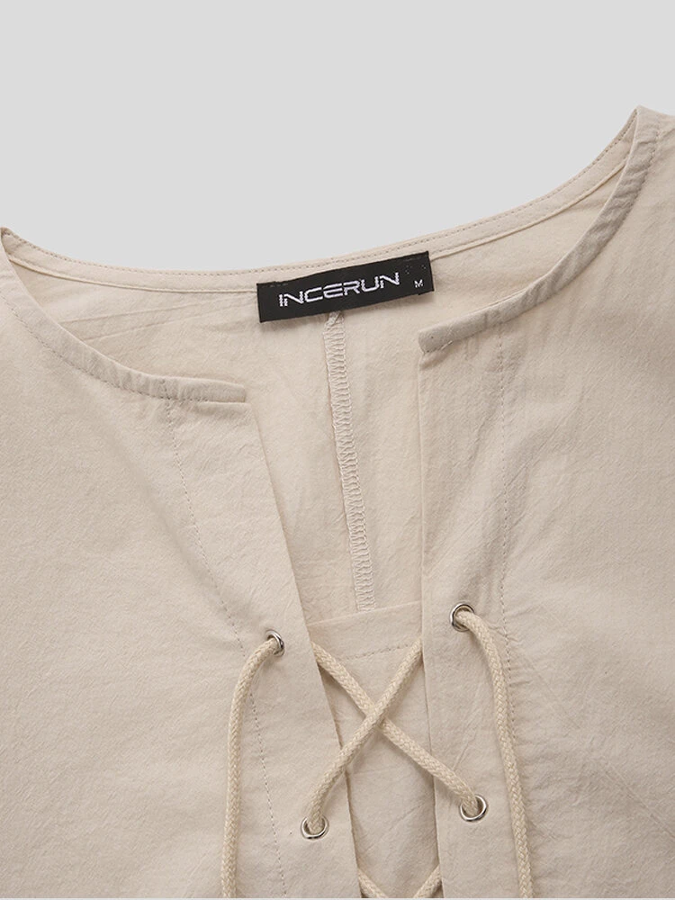 Mens 100% Cotton Pure Color Loose Lace Up Long Sleeve T-Shirts 5 Mens 100% Cotton Pure Color Loose Lace Up Long Sleeve T-Shirts - Image 3