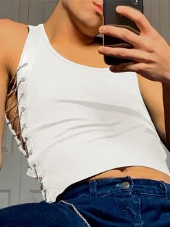 Men Side Chain Ties Paneled Leather Vest