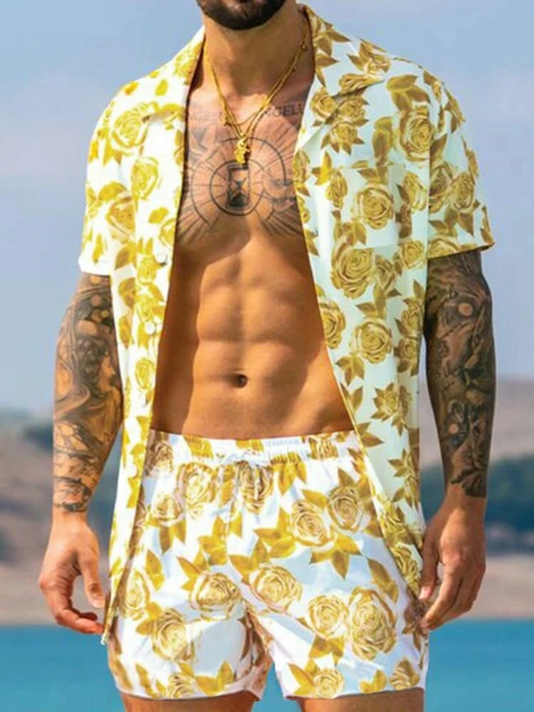 Mens Hawaii Floral Short Sleeve Two Pieces Suit 3 Mens Hawaii Floral Short Sleeve Two Pieces Suit