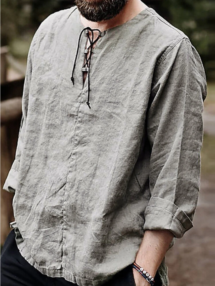 Mens Solid Lace-Up Neck 100%Cotton Long Sleeve T-Shirt 5 Mens Solid Lace-Up Neck 100%Cotton Long Sleeve T-Shirt - Image 3