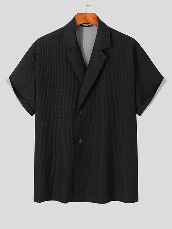 Mens Textured Short Sleeve Suit Collar Shirt 5 Mens Textured Short Sleeve Suit Collar Shirt - Image 3