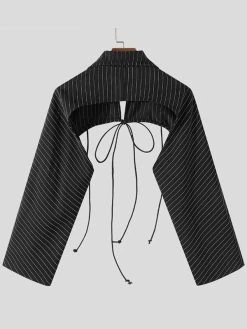 Mens Hollow Striped Drawstring Lapel Crop Tops -Incerun Shop 9d7a1700 ee4e 4ffa 9690 06b89c51aae7