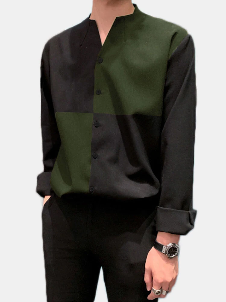 Mens V-Neck Patchwork Long Sleeve Button Up Shirts 7 Mens V-Neck Patchwork Long Sleeve Button Up Shirts - Image 5