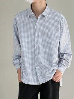 Mens Plaid Pattern Long Sleeve Loose Shirt