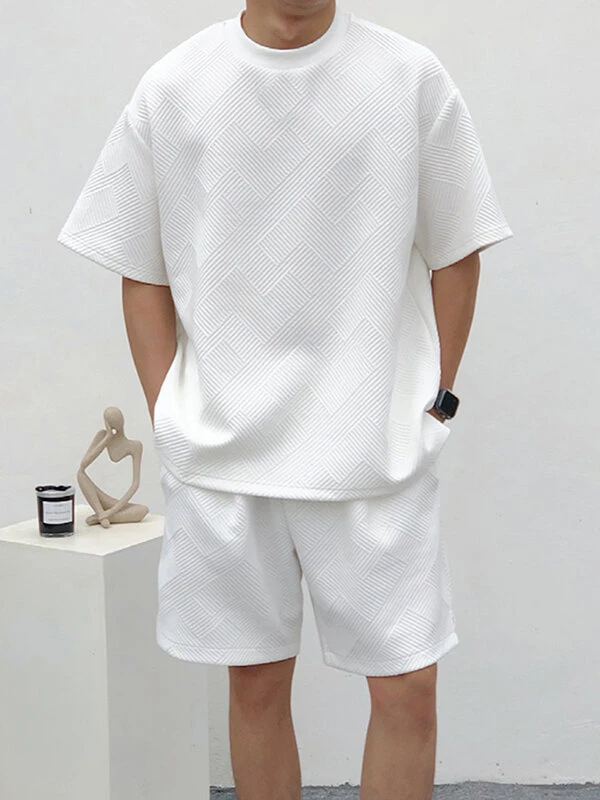 Mens Texture Side Split Short Sleeve Casual Two Pieces Outfits 4 Mens Texture Side Split Short Sleeve Casual Two Pieces Outfits - Image 2