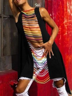 Colored Woven Strip Cutout Vest -Incerun Shop 9fcc4a5f 51da 4fc8 ab5c 4b086977c872