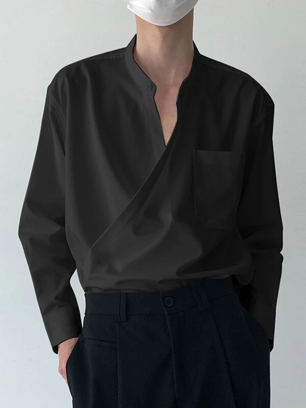 Mens Solid Stand Collar Wrap Design Long Sleeve Shirt 4 Mens Solid Stand Collar Wrap Design Long Sleeve Shirt - Image 2