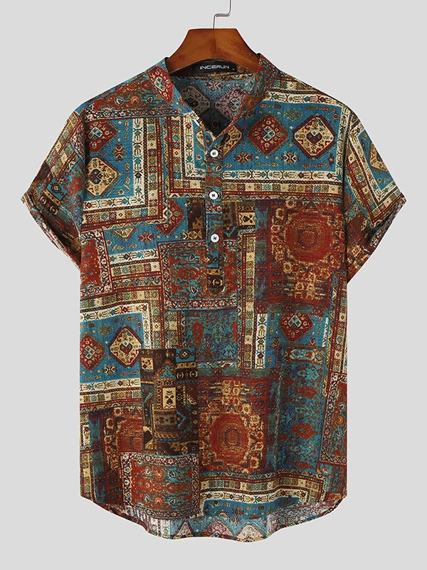Mens Ethnic Geometric Pattern Half Button 100%Cotton Henley Shirt 3 Mens Ethnic Geometric Pattern Half Button 100%Cotton Henley Shirt