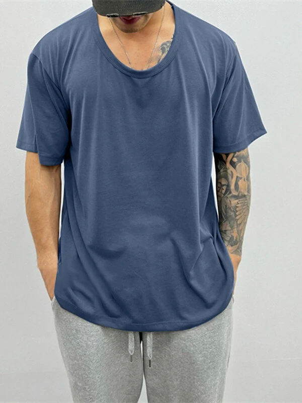 Mens Solid U-Neck Short Sleeve Loose T-Shirt 6 Mens Solid U-Neck Short Sleeve Loose T-Shirt - Image 4