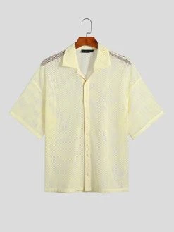 Mens Mesh See Through Lapel Short Sleeve Loose Shirt -Incerun Shop a2129204 80eb 4907 8c11 24dfff1c53d3