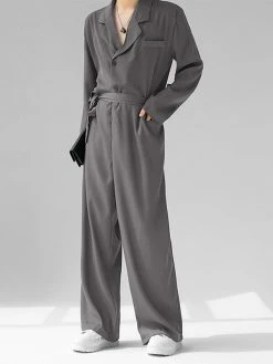 Mens Solid Lapel Button Front Belted Blazer Jumpsuit