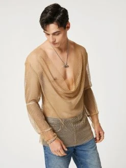 Mens Mesh See Through Swing Collar T-Shirt