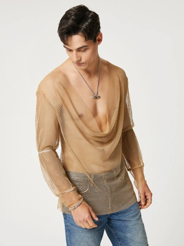 Mens Mesh See Through Swing Collar T-Shirt 3 Mens Mesh See Through Swing Collar T-Shirt