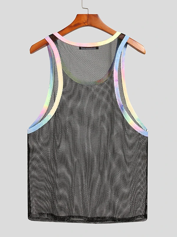 Mens Mesh See Through Tie Dye Trim Sleeveless Tank 7 Mens Mesh See Through Tie Dye Trim Sleeveless Tank - Image 5