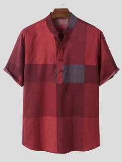 Mens Stand Collar Plaid Short-sleeved Shirt