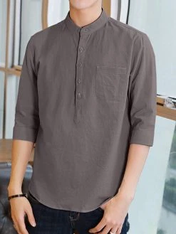 Mens Solid Half Button 100%Cotton 3/4 Sleeve Henley Shirt -Incerun Shop a6790160 6b5a 4b92 9314 4dd553121be6