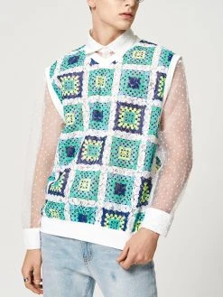 Mens Lace Hollow Out Windowpane Print Tank