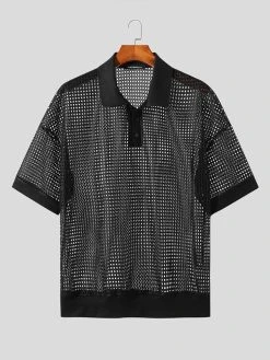 Mens Mesh See Through Solid Short Sleeve Golf Shirt -Incerun Shop a76aeb8e 7f21 4725 90f1 37d4c1386308