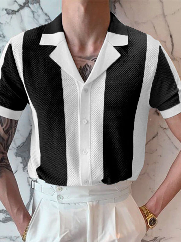 Mens Mesh Color Block Patchwork Revere Collar Short Sleeve Shirt 3 Mens Mesh Color Block Patchwork Revere Collar Short Sleeve Shirt