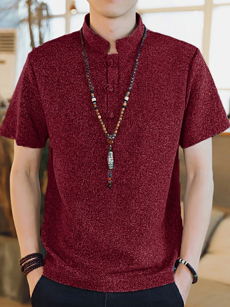 Men Soild Chinese Button V-neck Short Sleeve Henley Shirt 4 Men Soild Chinese Button V-neck Short Sleeve Henley Shirt - Image 2