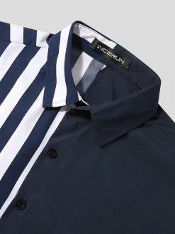 Mens Striped Pattern Patchwork Button Short Sleeve Shirt -Incerun Shop a89f928e 53b1 4244 af0c f5dc19a49eae