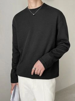 Mens Round Neck Waffle Long Sleeve T-Shirt