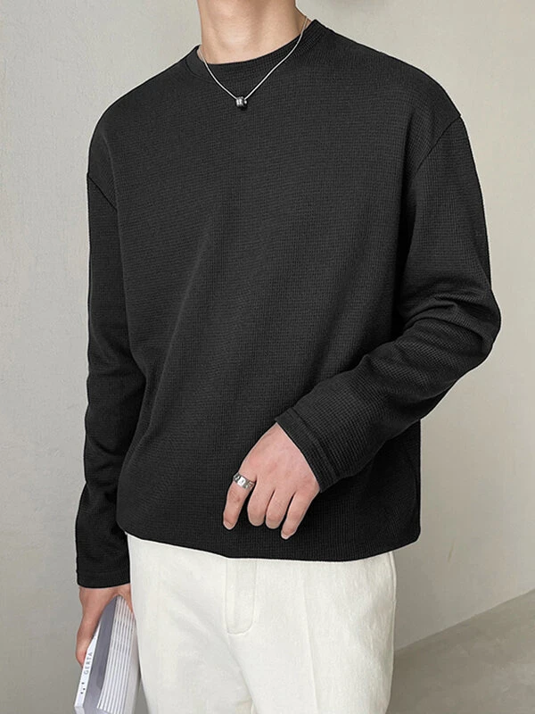 Mens Round Neck Waffle Long Sleeve T-Shirt 3 Mens Round Neck Waffle Long Sleeve T-Shirt