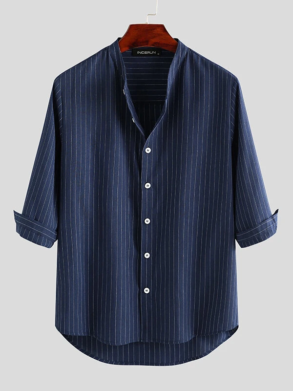 Men Cotton Linen Striped Stand Collar Shirt 6 Men Cotton Linen Striped Stand Collar Shirt - Image 4