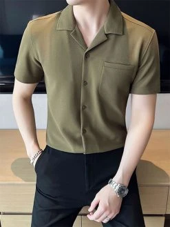 Mens Solid Texture Revere Collar Casual Short Sleeve Shirt