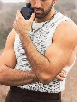 Men Casual Mesh Crochet Knit Tank Top