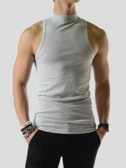 Mens Solid Half Collar Sleeveless Knit Tank