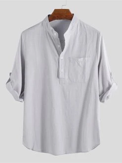Mens Linen Casual Roll Sleeve Loose Buttons Pullover Henley Shirts -Incerun Shop ac3c1657 5a32 4a2d 9d80 5c872b309471