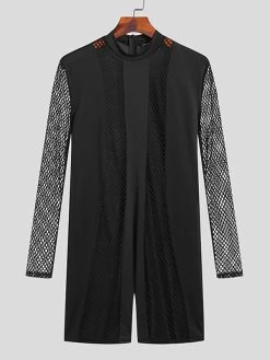 Mens Fishnet Patchwork Crew Neck Long Sleeve Bodysuit -Incerun Shop ac6630e9 6ea0 4ca0 a4d3 066cfc082d01