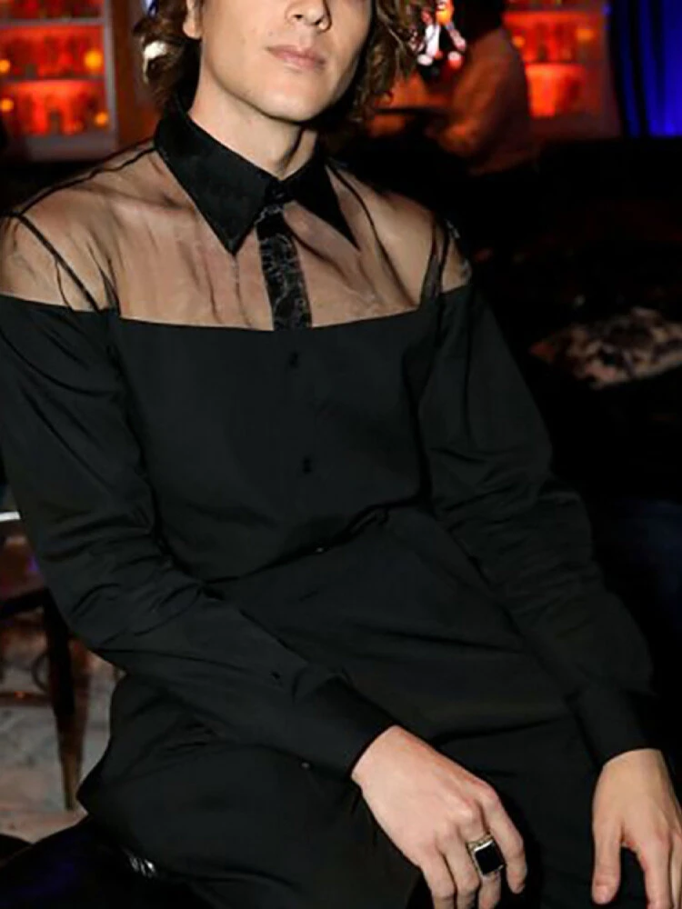 Men Sexy Mesh Patchwork Long Sleeve Shirt 5 Men Sexy Mesh Patchwork Long Sleeve Shirt - Image 3